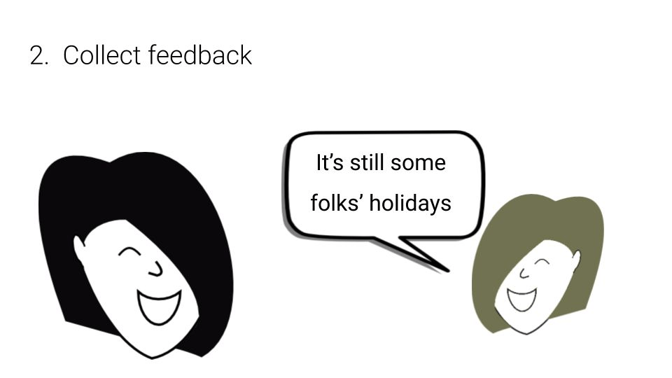 One of the colleagues and Sam, where the colleague’s speech bubble reads, “It’s still some folks’ holidays”